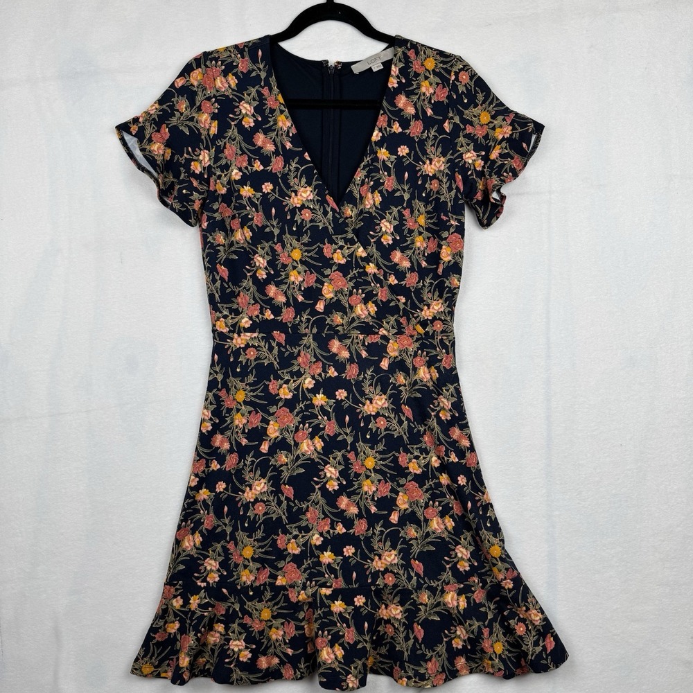 LOFT Women's Dress Flutter Sleeves Crossover V-neck Navy Blue w/ā Floral Print 2